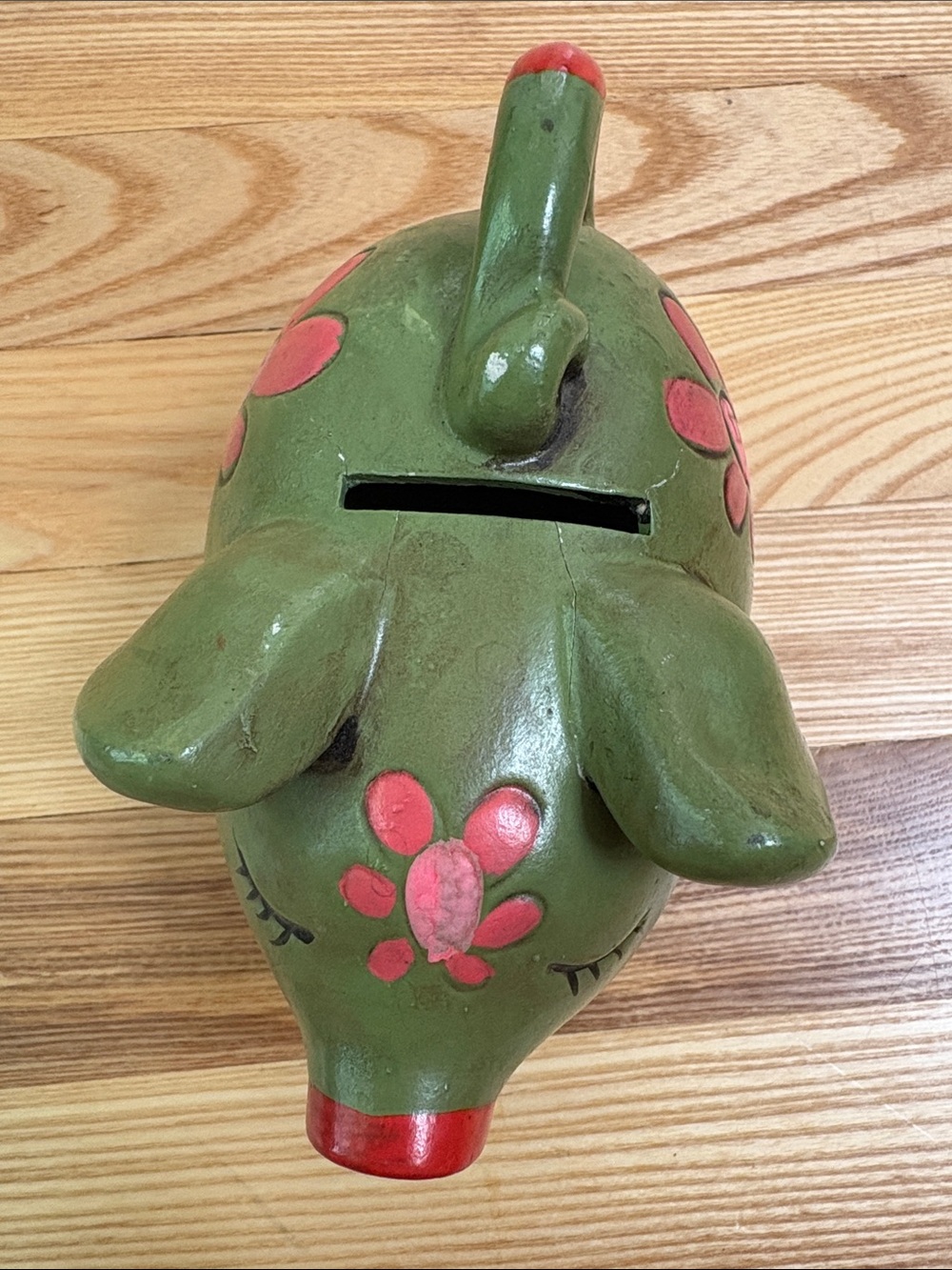 Vintage 1970s Groovy Green Floral Ceramic Piggy Bank Hand Painted Pink Daisies - Picture 7 of 9